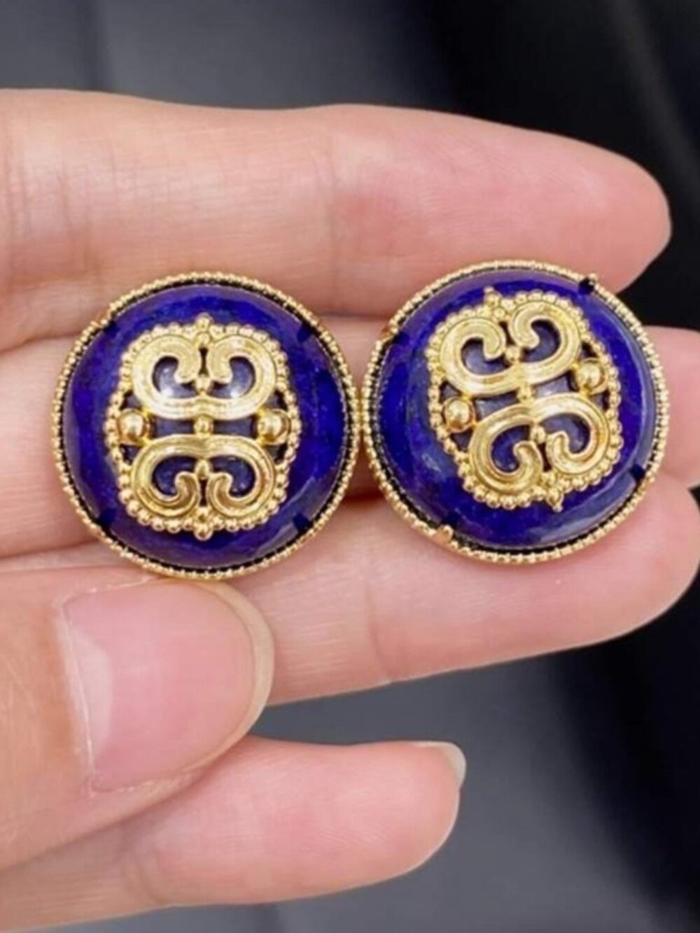 Royal Sapphire Tone Cabochon Disc Earrings